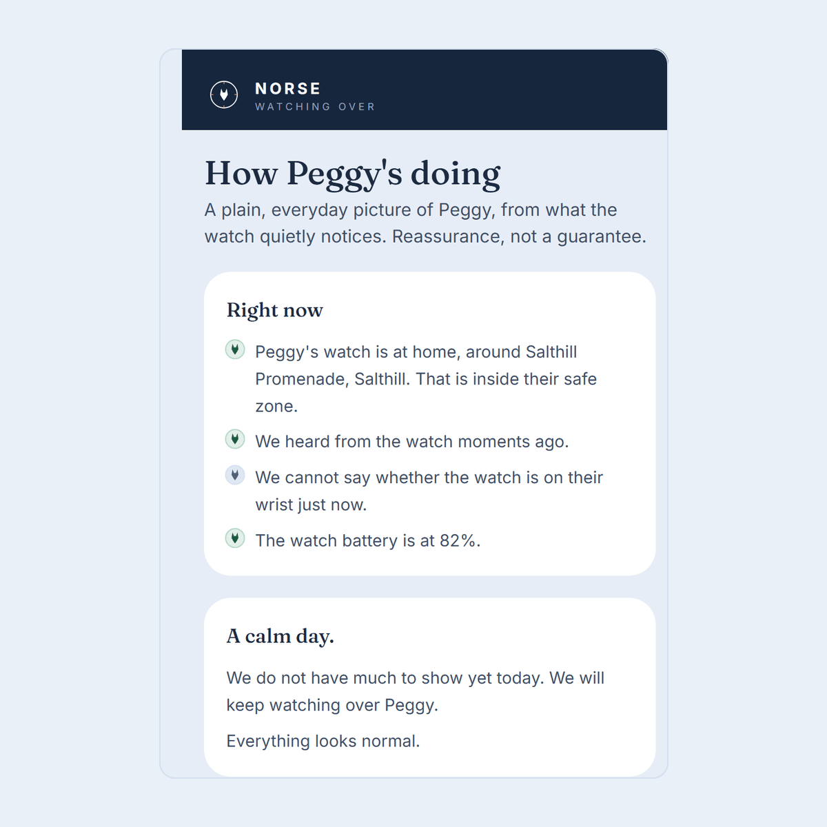 The family app's loved-one tab: what the watch quietly notices right now, and a calm day