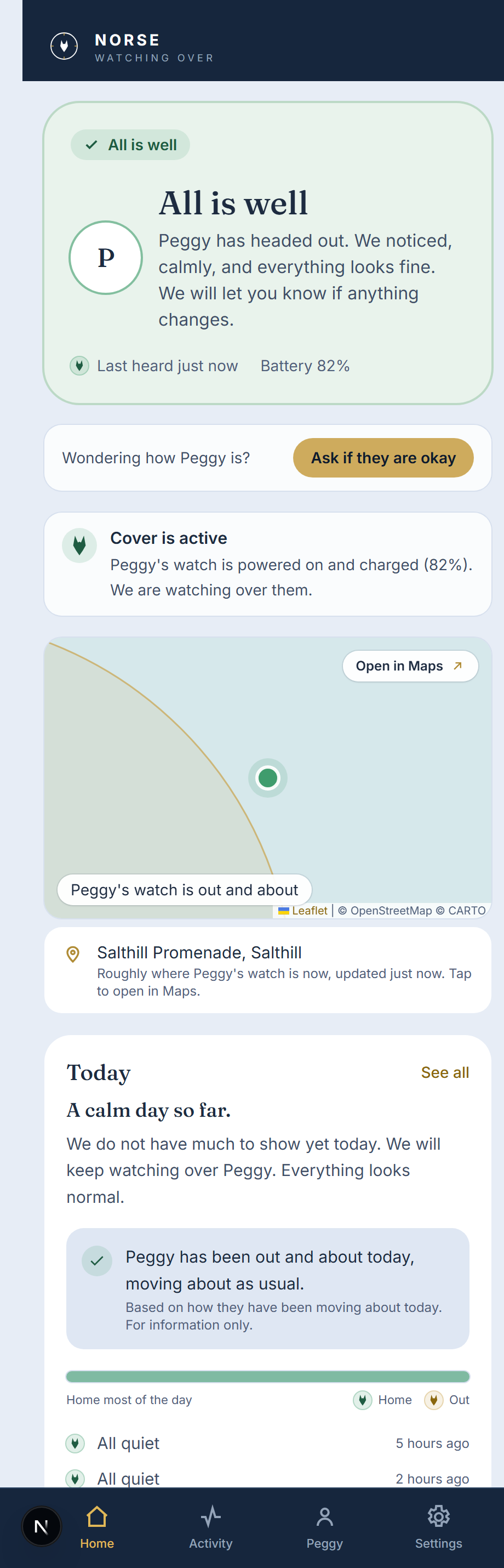 The Norse app noticing calmly that the loved one has headed out, with no alarm