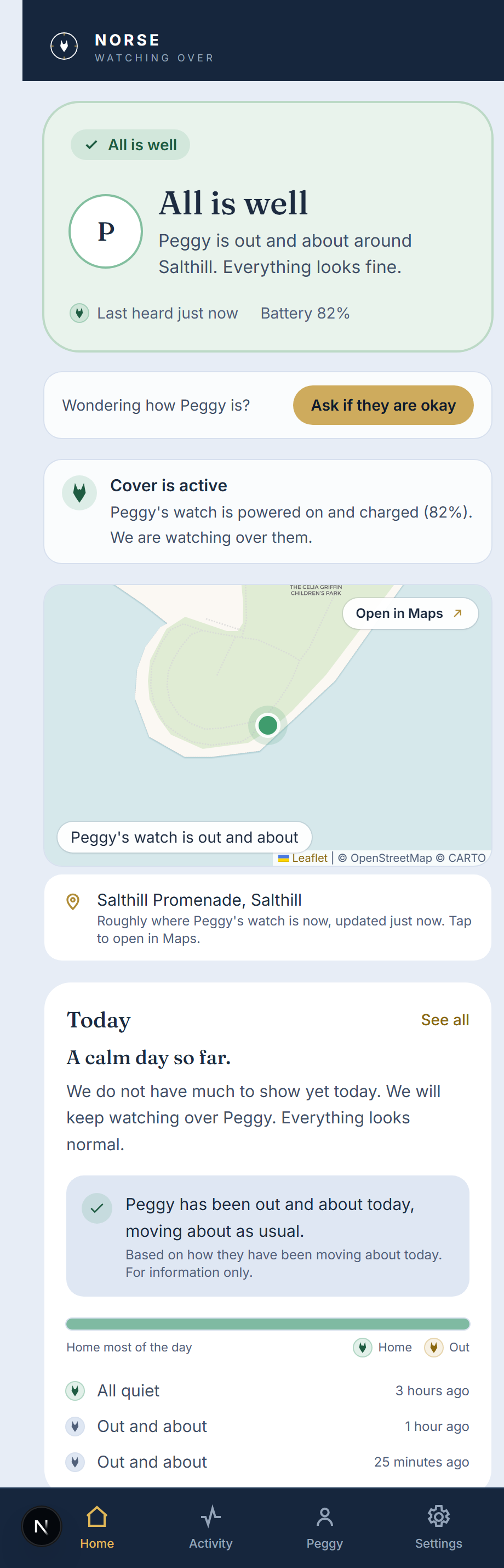 The Norse app showing a loved one out and about, with their whereabouts on a map
