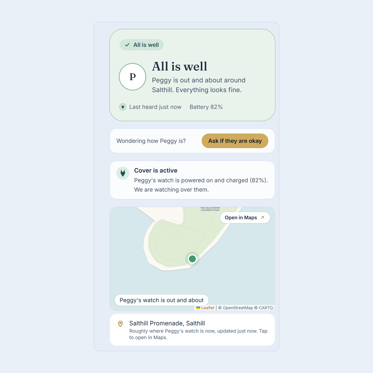 The family app showing a loved one out and about, with live location, the safe zone and the address